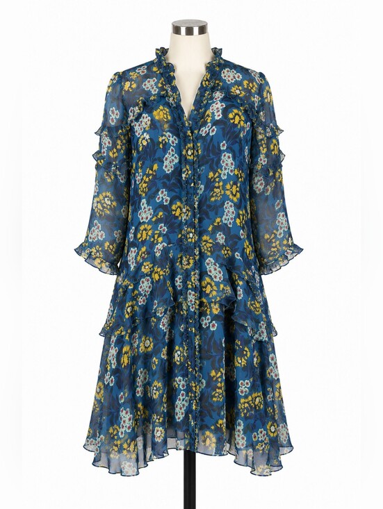 SALONI Dresses & Skirts - Saloni 100% Silk Teal Tilly Blue Floral Ruffle Tiered Dress Sz 10